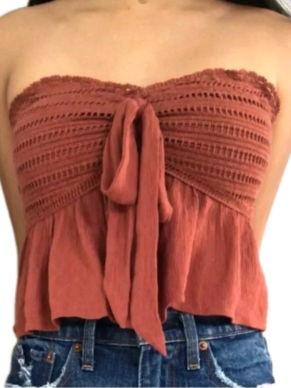 American Eagle Outfitters Strapless Rust Tie-Front Crochet Crop Top